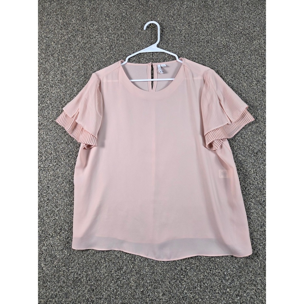 Elle Blouse Womens Large Pink Pleated Flutter‎ Sleeve Summer Office Wear
